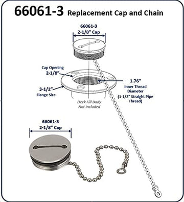 Attwood Replacement Stainless Steel 2" Deck Fill Cap with Chain - For 1-1/2" straight pipe threads, Deck Fill Cap 66061-3 with Chain - Boat, Silver