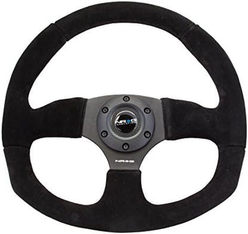 NRG Innovations NRG-RST-009S Reinforced Steering Wheel Premium Suede Leather Steering Wheel With/BLACK Stitch/Spoke D-Shape Flat Bottom 320MM / 330 MM