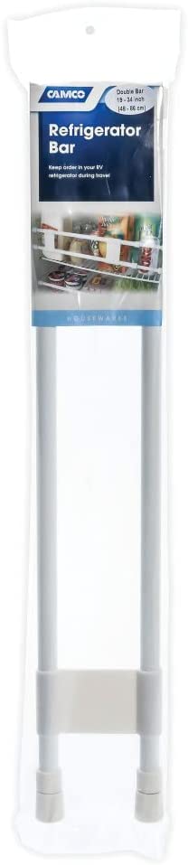 Camco 34 inches Double RV Refrigerator Bar, Holds Food and Drinks in Place During Travel, Prevents Messy Spills, Spring Loaded and Extends Between 19 inches and 34 inches - White (44074) 19 Inches - 34 Inches Double Refrigerator Bar