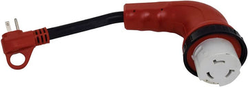 Valterra A10-1550D90VP Mighty Cord 90° Detachable 12" Adapter Cord - 15AM to 50AF, Red (Carded) 15 Amp Male - 50 Amp Female