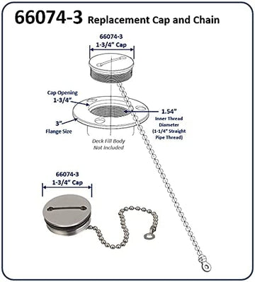 attwood 66074-3 Stainless Steel Deck Fill Replacement Cap and Chain fits Deck Fills with a 3.0” Flange Size