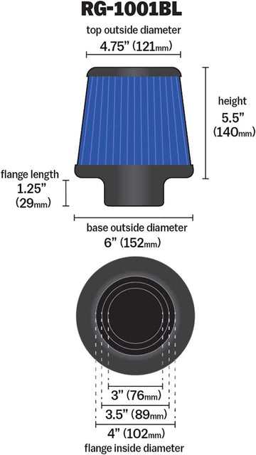 K&N RG-1001BL Universal Clamp-On Air Filter: Round Tapered; 3 in/3.5 in/4 in (102 mm/89 mm/76 mm) Flange ID; 5.5 in (140 mm) Height; 6 in (152 mm) Base; 4.75 in (121 mm) Top