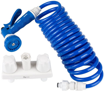 Dura Faucet (DF-SA186-WT) RV Exterior Quick Connect Spray Faucet with Multi Spray Nozzle (White & Blue)