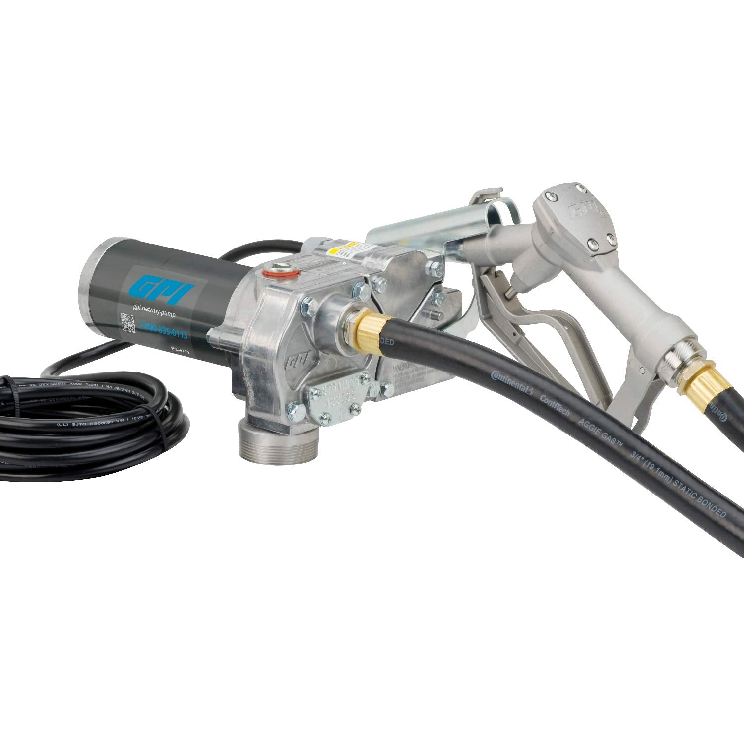 GPI M-150S Fuel Transfer Pump, Manual Shut-Off Unleaded Nozzle, 15 GPM fuel pump, 10' Hose, Power Cord, Direct Mount, Adjustable Suction Pipe (110000-107) M-150S-EM Manual Nozzle