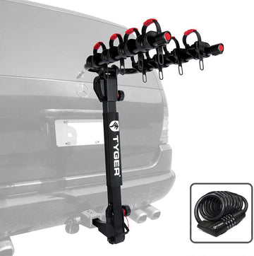 Tyger Auto TG-RK4B102B Deluxe 4-Bike Carrier Rack Fits Both 1-1/4'' and 2'' Hitch Receiver, with Pin & Cable Lock, Soft Cushion Protector 4 Bikes