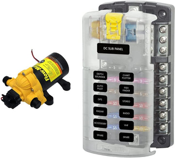 Max-Flow Flow Max DS-01230-D2 12V 3.3 GPM Water Pump, Yellow and Black, 689052 & Blue Sea Systems ST Blade Fuse Block - 12 Circuits with Negative Bus & Cover 12V Pump + Blade Fuse Block