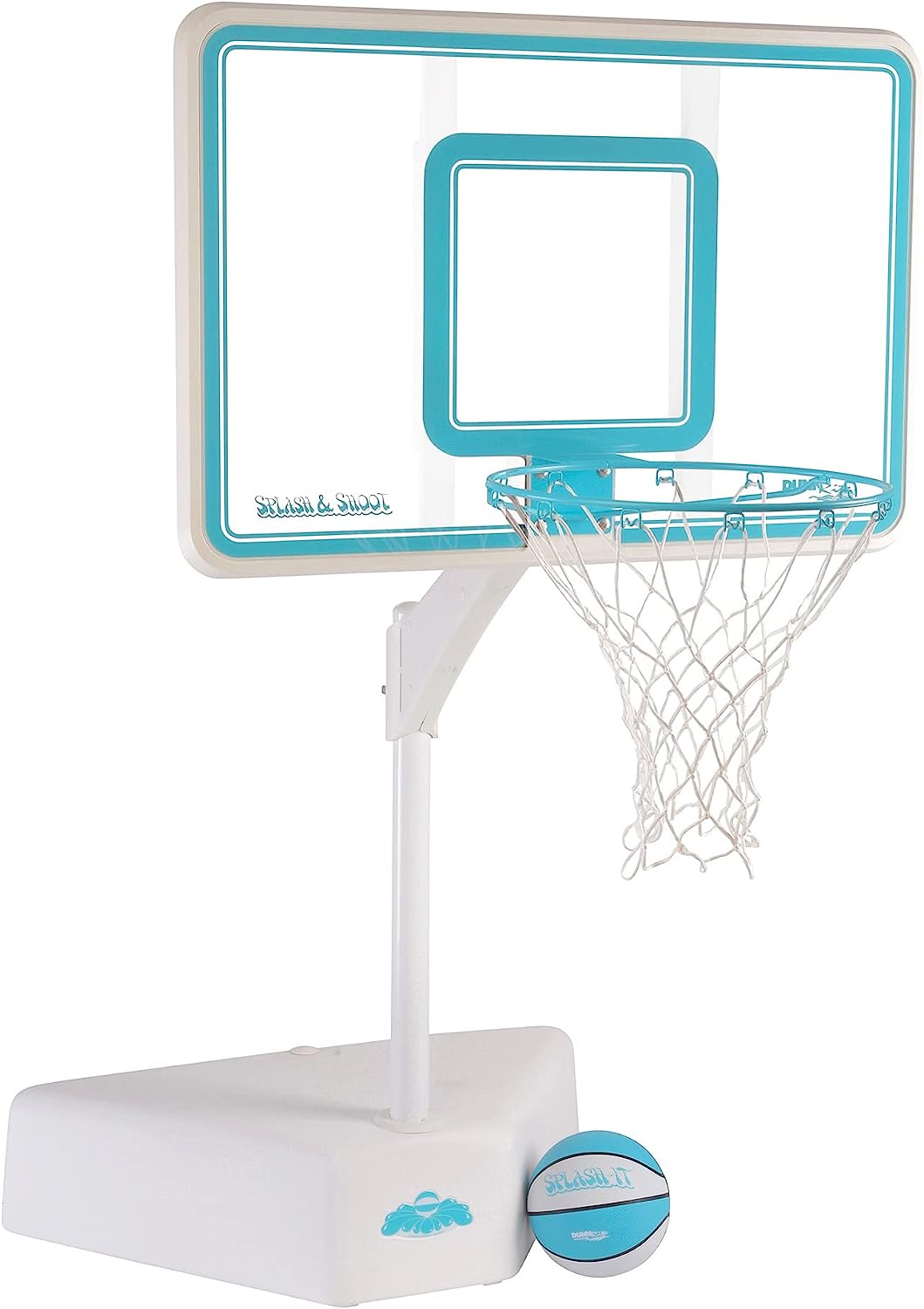 Dunn-Rite Splash & Shoot Clear Outdoor Adjustable Height Swimming Pool Basketball Hoop w/Ball, Base, & 18 Inch Stainless Steel Rim for Adults & Kids