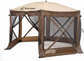 CLAM Quick-Set Pavilion 12.5 x 12.5 Foot Portable Pop-Up Outdoor Camping Gazebo Screen Tent 6 Sided Canopy Shelter w/Ground Stakes & Carry Bag, Brown