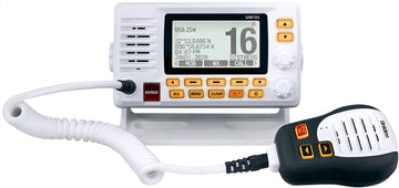 Uniden UM725 Marine VHF Radio, All USA, Canada, and Int'l. Marine Channels, 1Watt/25Watt Transmit Power, NOAA Weather Channels w/Alerts, Speaker Mic, IPX8 Waterproof, White