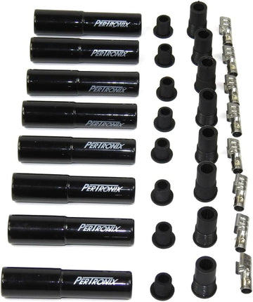 PerTronix 8562HT-8 Black Ceramic Spark Plug Boot Straight Set of 8 includes silicone plug and wire bushings, stainless steel spark plug terminals and high temp ceramic boots