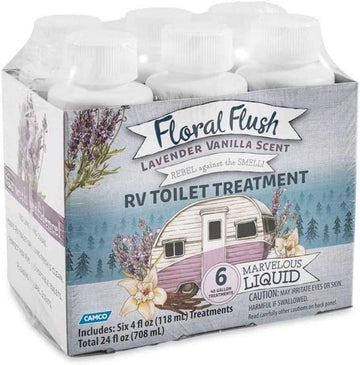 Camco 41480 Floral Flush RV Toilet Treatment Singles, Lavender Vanilla Scent - Eliminates Odors and Breaks Down Waste - Each Bottle Treats Up to 40-gallons - Contains (6) 4 oz. Bottles