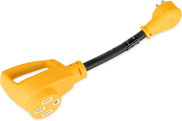 Camco RV Dogbone Electrical Adapter with Innovative 180 Degree Bend Design and PowerGrip Handle - 15 Amp Male to 50 Amp Female, 12" (55168) , Black 15M/50F Electrical Adapter