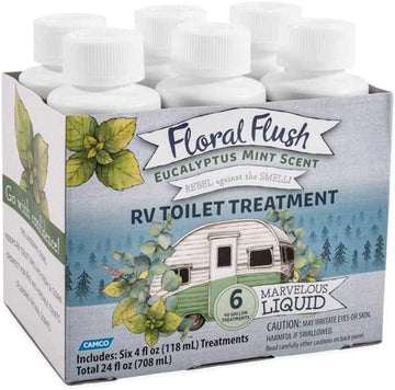 Camco 41482 Floral Flush RV Toilet Treatment Singles - Eucalyptus Mint, (6) 4 oz. Bottles