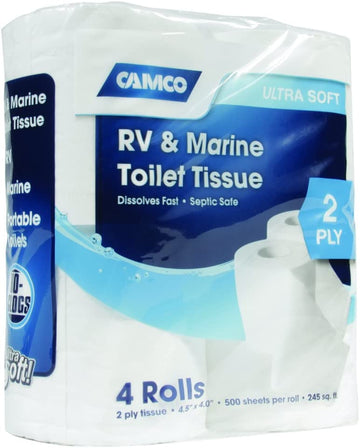 Camco 40274 4 Rolls Sewer, Septic-Safe, Biodegradable 2-Ply Bath Tissue Designed for Trailer, Motorhome, Marine Sanitation Systems, White