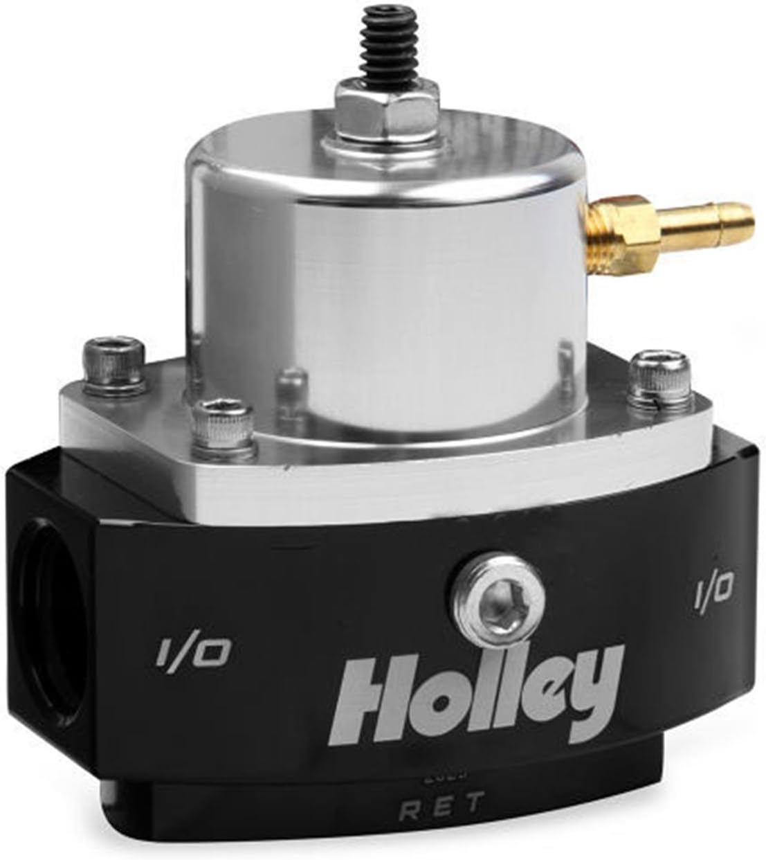 Holley 12-879 Adjustable Billet By-Pass Fuel Regulator Adjustable 4-65 psi. 3/8 in. NPT Outlet/Inlet Boost Reference 1 To 1 EFI Bypass Style Black Anodized Base/Clear Anodized Top Adjustable Billet By-Pass Fuel Regulator