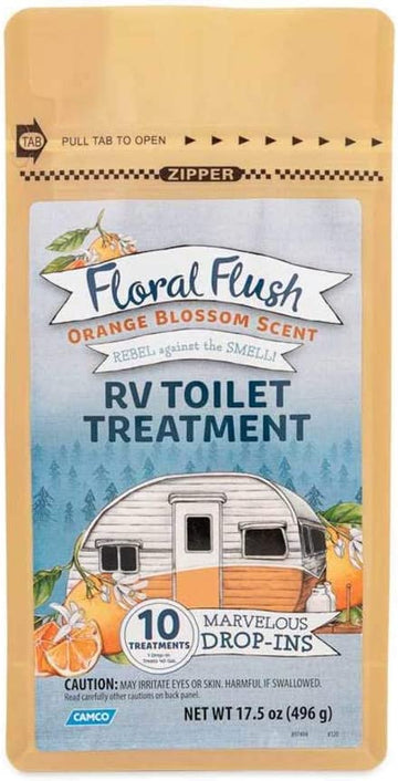 Camco Floral Flush RV Toilet Treatment Drop-INs | Septic Safe and Biodegradable | 10 Drop-INs, Orange Blossom Scent (41491)