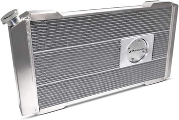 Radiator, Slim-Fit Direct Fit Series, 31-13/64 in W x 16-51/64 in H x 4 in D, Single Pass, Driver Side Inlet, Passenger Side Outlet, Aluminum, Natural, Automatic Transmission, GM A-Body 1968-77, Each