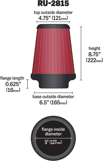K&N Universal Clamp-On Air Intake Filter: High Performance, Premium, Washable, Replacement Filter: Flange Diameter: 5 In, Filter Height: 8.75 In, Flange Length: 1 In, Shape: Round Tapered, RU-2815