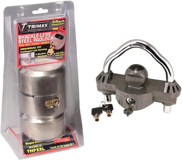 Trimax THP3XL Hockey Puck Keyed Alike Internal Shackle Trailer Door Lock, (Pack of 3) & UMAX50 Universal 'Die-Cast' Dual Purpose Coupler Lock (fits All couplers) Door Lock + Coupler Lock
