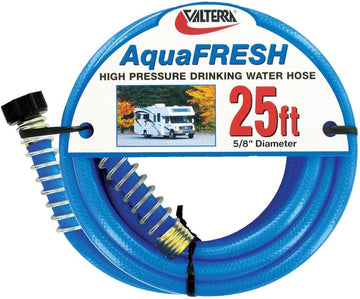 Valterra W01-9300 AquaFresh High Pressure Drinking Water Hose with Hose Savers - 5/8" x 25', Blue Blue 5/8 Inch x 25 Foot
