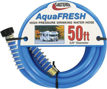 Valterra W01-9600 AquaFresh High Pressure Drinking Water Hose with Hose Savers - 5/8" x 50', Blue Blue 5/8 Inch x 50 Foot