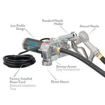 GPI M-150S Fuel Transfer Pump, Manual Shut-Off Unleaded Nozzle, 15 GPM fuel pump, 10' Hose, Power Cord, Direct Mount, Adjustable Suction Pipe (110000-107) M-150S-EM Manual Nozzle
