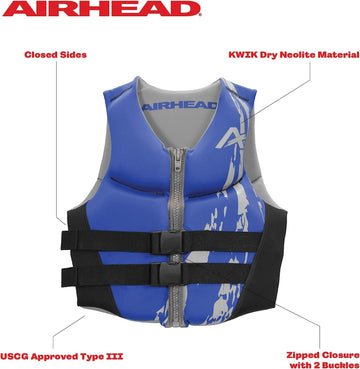 Airhead Swoosh Kwik-Dry Neolite Life Jacket, US Coast Goard Approved Type III Life Jacket, Adult and Youth Sizes Vest 3X-Large Blue