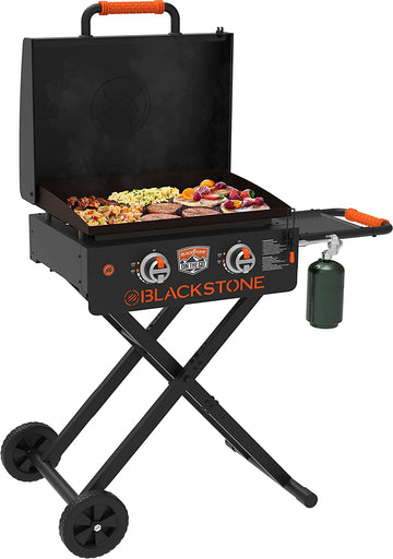 Blackstone 1935 On The Go Scissor-Leg Two Burners Gas Hood, Wheels, Side Shelf Heavy Duty Outdoor Stainless Steel Griddle for Backyard, Patio Camping, 22, Black