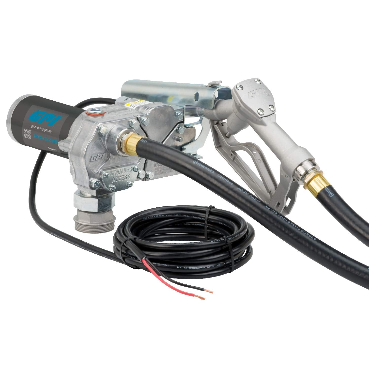 GPI M-150S Fuel Transfer Pump, Manual Shut-Off Unleaded Nozzle, 15 GPM fuel pump, 12' Hose, Power Cord, Spin Collar, Adjustable Suction Pipe (110000-99) M-150S-MU Manual Nozzle