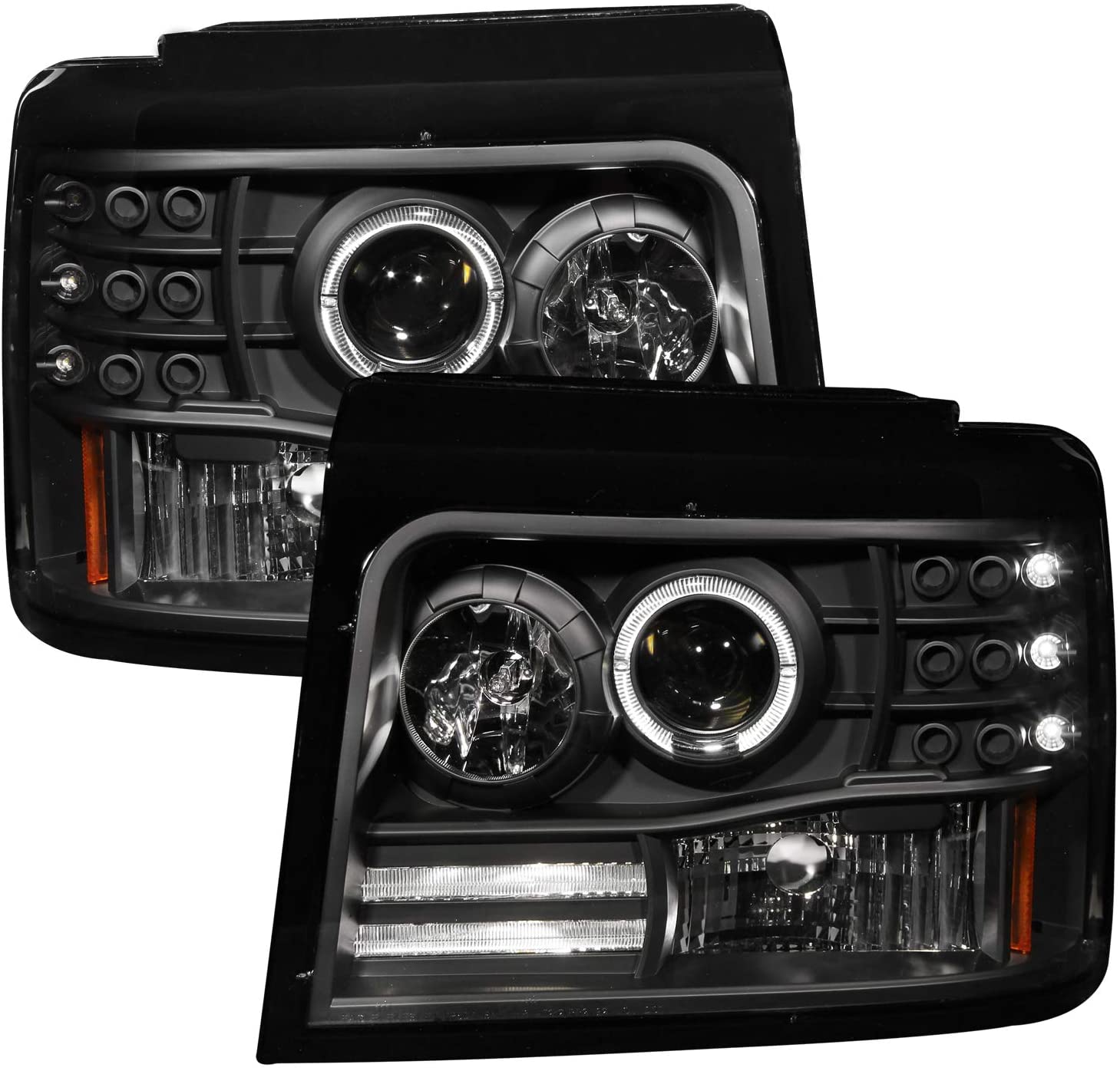 AnzoUSA 111184 Black Projector Halo Headlight with Side Marker and Parking Light for Ford F-150/F-250/Bronco - (Sold in Pairs)