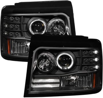 AnzoUSA 111184 Black Projector Halo Headlight with Side Marker and Parking Light for Ford F-150/F-250/Bronco - (Sold in Pairs)