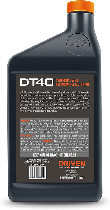 Joe Gibbs Driven Racing Oil 02406 DT40 5W-40 Synthetic Oil - 1 Quart Bottle