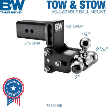 B and W TS30048B Tow and Stow Model 8 Tri-Ball Hitch 1 7/8" x 2" x 2 5/16" for 3" Receivers 4.5" Drop 4" Rise
