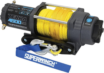 Superwinch 1145270 Terra 4500SR 12V DC 4500lb/2041.2kg Single Line Pull UTV/ATV Winch with Hawse Fairlead, 1/4in. X 50ft. Synthetic Rope, Handheld Remote, Handlebar Switch
