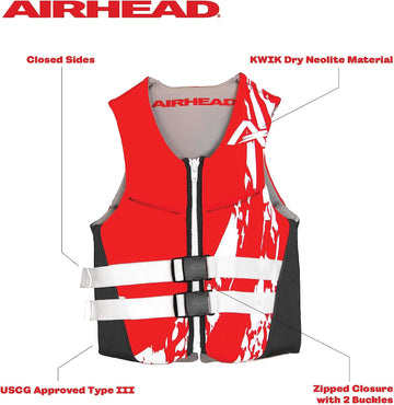 Airhead Swoosh Kwik-Dry Neolite Life Jacket, US Coast Goard Approved Type III Life Jacket, Adult and Youth Sizes Vest Small Red