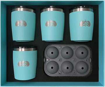 Toadfish Non-tipping 10oz Double Wall Insulated Stainless Steel Rocks Tumbler 4-Pack Gift Set w/ Ice Ball Tray & Easy Slide Lid - Teal 4-Pack -Teal