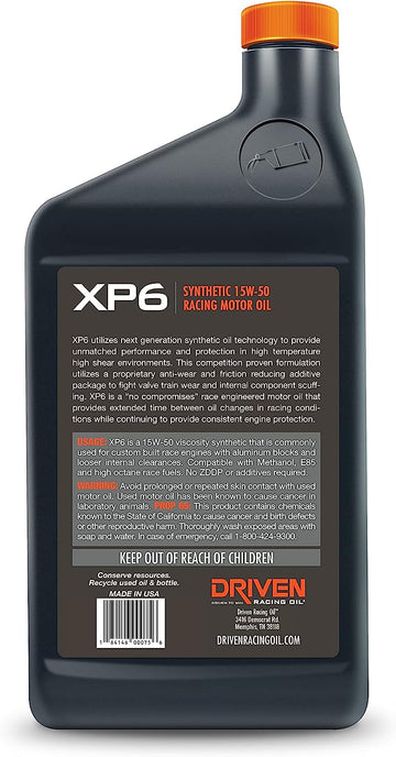 Joe Gibbs Driven Racing Oil 01006 XP6 15W-50 Synthetic Racing Motor Oil - 1 Quart Bottle