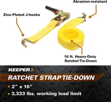 Keeper 04616 Heavy Duty 2" by 16' Ratcheting Tie Down, 10,000 lbs Rated Capacity with J-Hooks