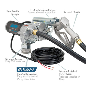 GPI M-150S Fuel Transfer Pump, Manual Shut-Off Unleaded Nozzle, 15 GPM fuel pump, 12' Hose, Power Cord, Spin Collar, Adjustable Suction Pipe (110000-99) M-150S-MU Manual Nozzle