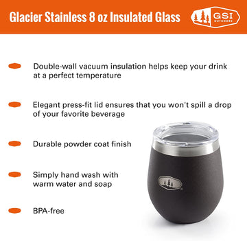 GSI Outdoors Glacier Stainless Lightweight Insulated Glass Cup for Camping, Office, BBQ - 8 oz - Espresso