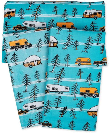 Camco 53380 Life is Better at The Campsite Tablecloth with Bench Covers - Provides a Clean Eating Surface for Outdoor Activities - Features an RV and Tree Sketch Design