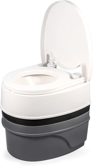 Camco 41545 Premium Portable Travel Toilet With Three Directional Flush And Swivel Dumping Elbow, Designed for Camping, RV, Boating And Other Recreational Activites (5.3 gallon), White 5.3 Gallon Premium