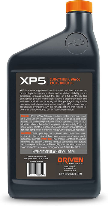 Joe Gibbs Driven Racing Oil 00906 XP5 20W-50 Semi-Synthetic Racing Motor Oil - 1 Quart Bottle