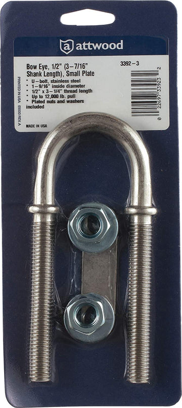 Attwood 3392-3 Stainless Steel Bow Eye 7/16-Inch U-Bolt with Plated Nuts and Washers