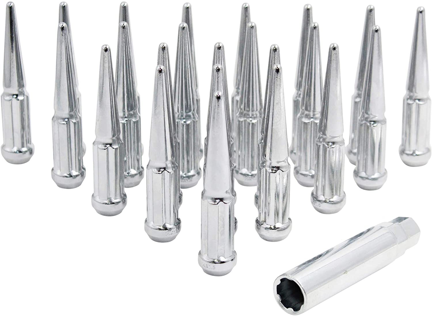 20 Pc Spiked Solid Metal Lug Nuts 1/2 Thread 4.4" Tall Closed End Bulge Acorn Spike Lug Nut 1 Long Socket Key Aftermarket Wheels. for Jeep Ford Liberty Grand Cherokee Wrangler Chrome