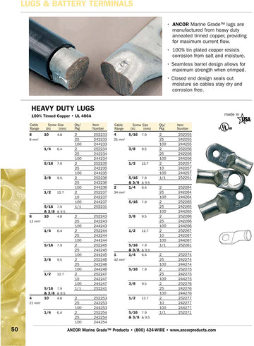 Ancor 242284 Marine Grade Electrical Heavy Duty Tinned Copper Lugs (1/0-Gauge, Size 1/4 Screw, 25-Pack)