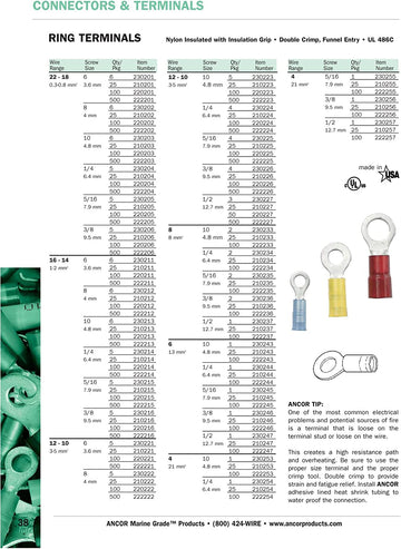 Ancor Marine Grade Electrical Nylon Insulated Double Crimp Funnel Entry Ring Terminals with Insulation Grip Size 10 Screw 16-14 AWG 6 Pack