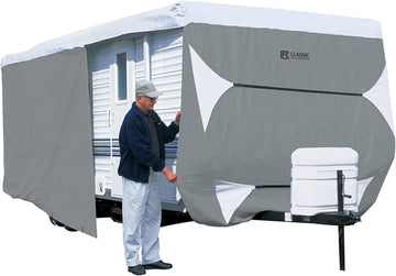 Classic Accessories Over Drive PolyPRO3 Deluxe Travel Trailer/Toy Hauler Cover, Fits 27'-30' RVs, Camper RV Cover, Customizable Fit, Water-Resistant, All Season Protection for Motorhome, Grey/White