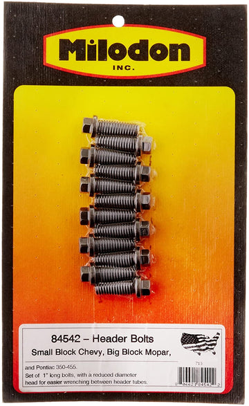 Milodon 84542 3/8" x 1" Header Bolt for Small Block Chevy, Big Block Chrysler and Pontiac, (Set of 12)