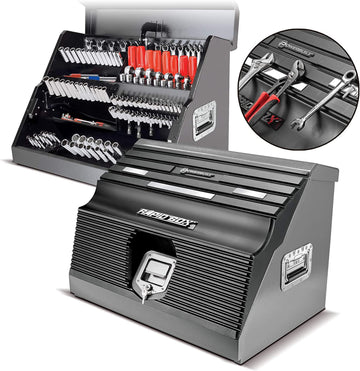 Powerbuilt 26 Inch Portable Slant Front Rapid Toolbox Tiered Stairstep Tool Holders, Magnetic Front Panels, 16 Gauge Steel, Chrome Hardware, Weather-Resistant Lockable Polymer Lid, Grey, 240102 Magnetic Lid - Black